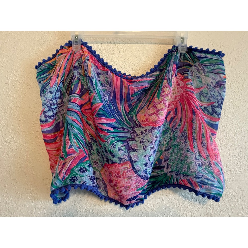 Lilly Pulitzer Tropical Pineapple Palm Print Infinity Scarf with Pom Pom Trim - Picture 5 of 6